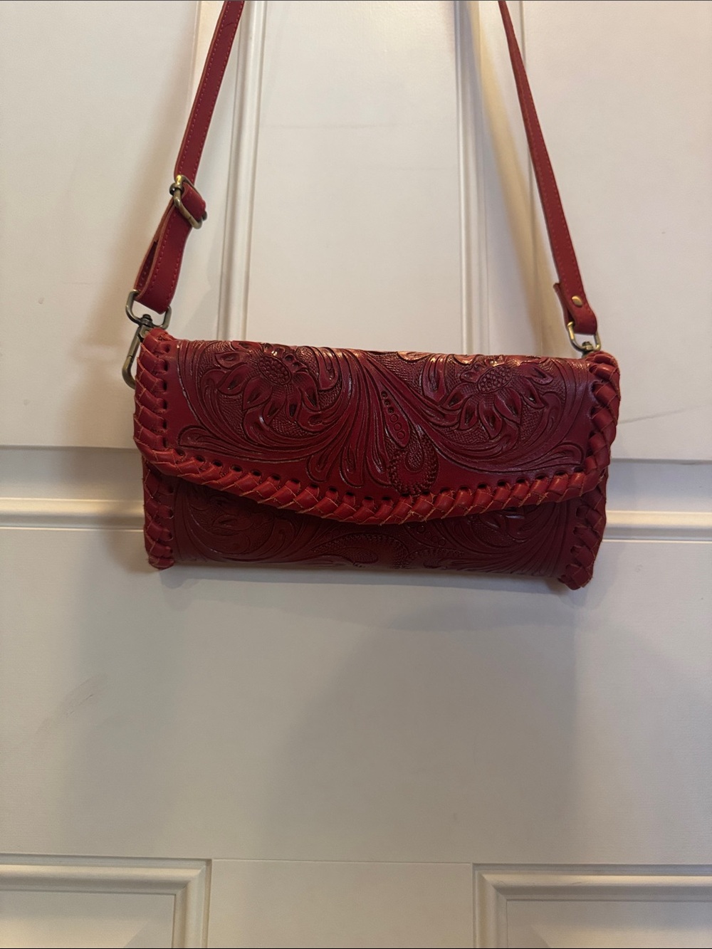Hand-Tooled Red Leather Crossbody Bag